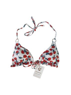 Miketai Cherry Print Triangle Bikini Top Gold Rings Size XS White Red New Adjust